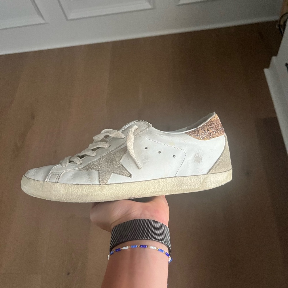 Golden Goose White and Gold Glitter Sneakers